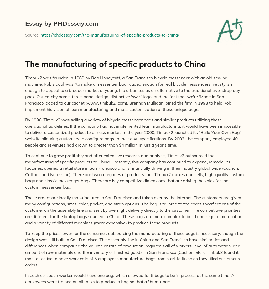 The manufacturing of specific products to China essay