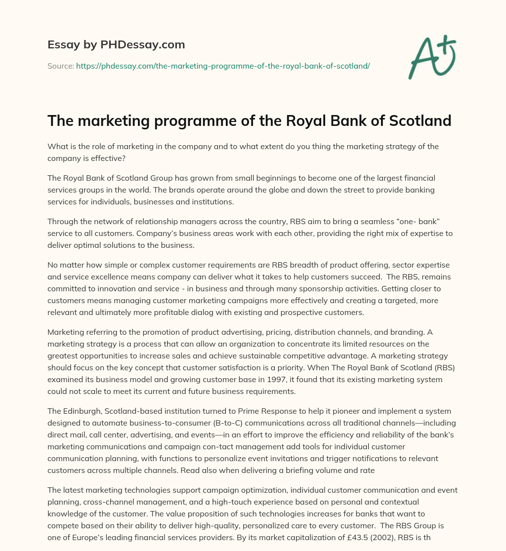The marketing programme of the Royal Bank of Scotland essay