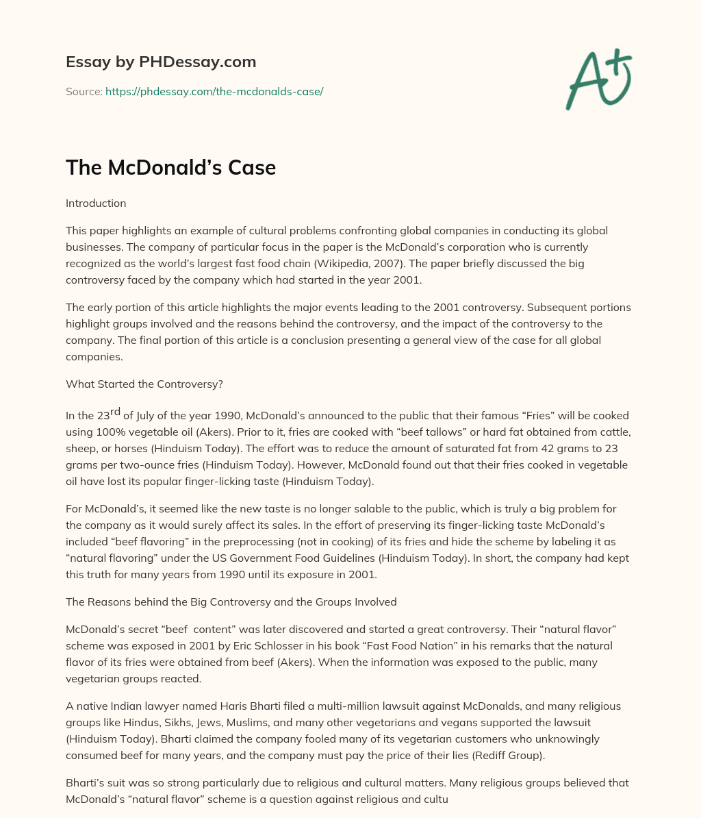 The McDonald’s Case essay
