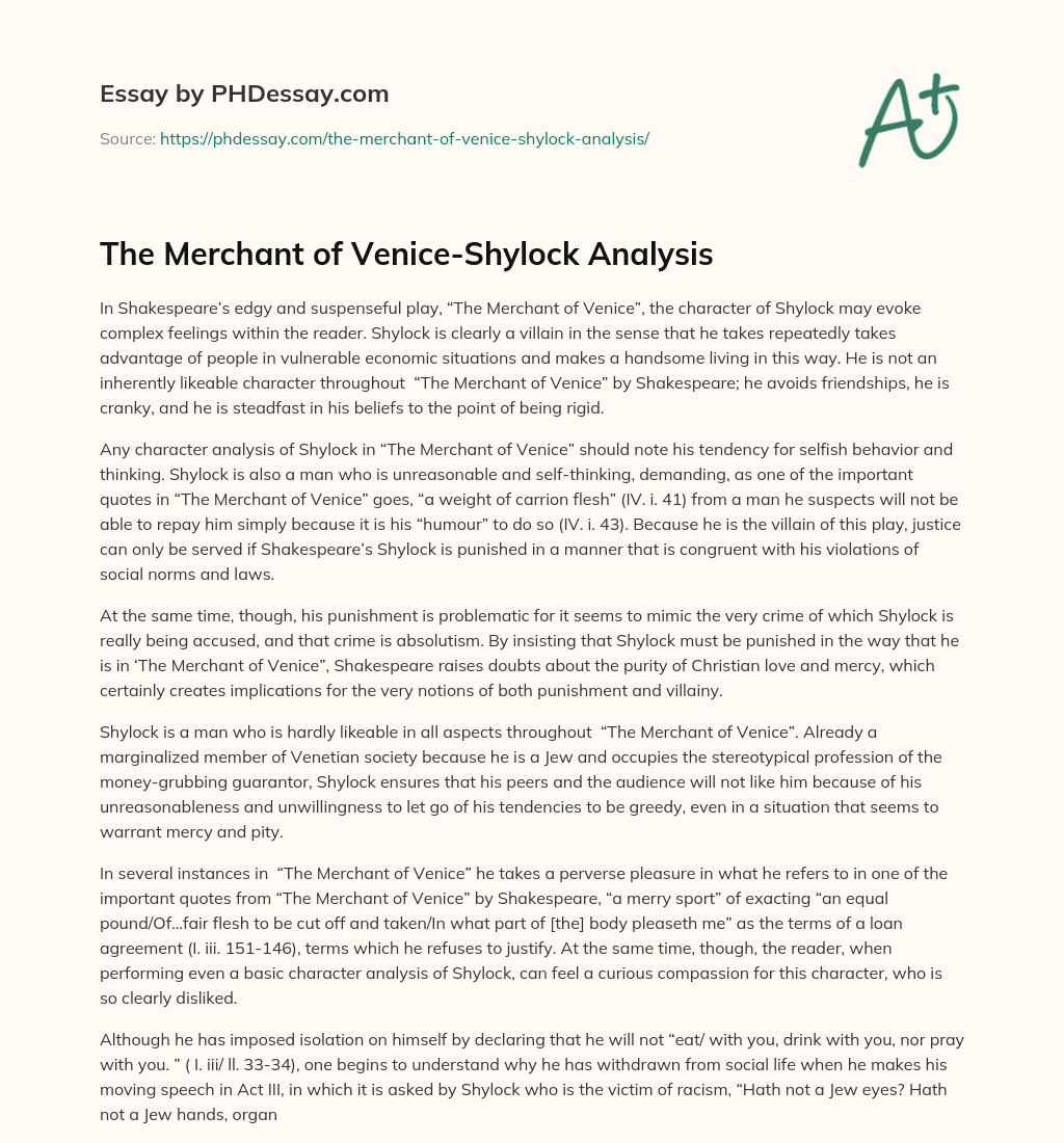 The Merchant of Venice-Shylock Analysis essay