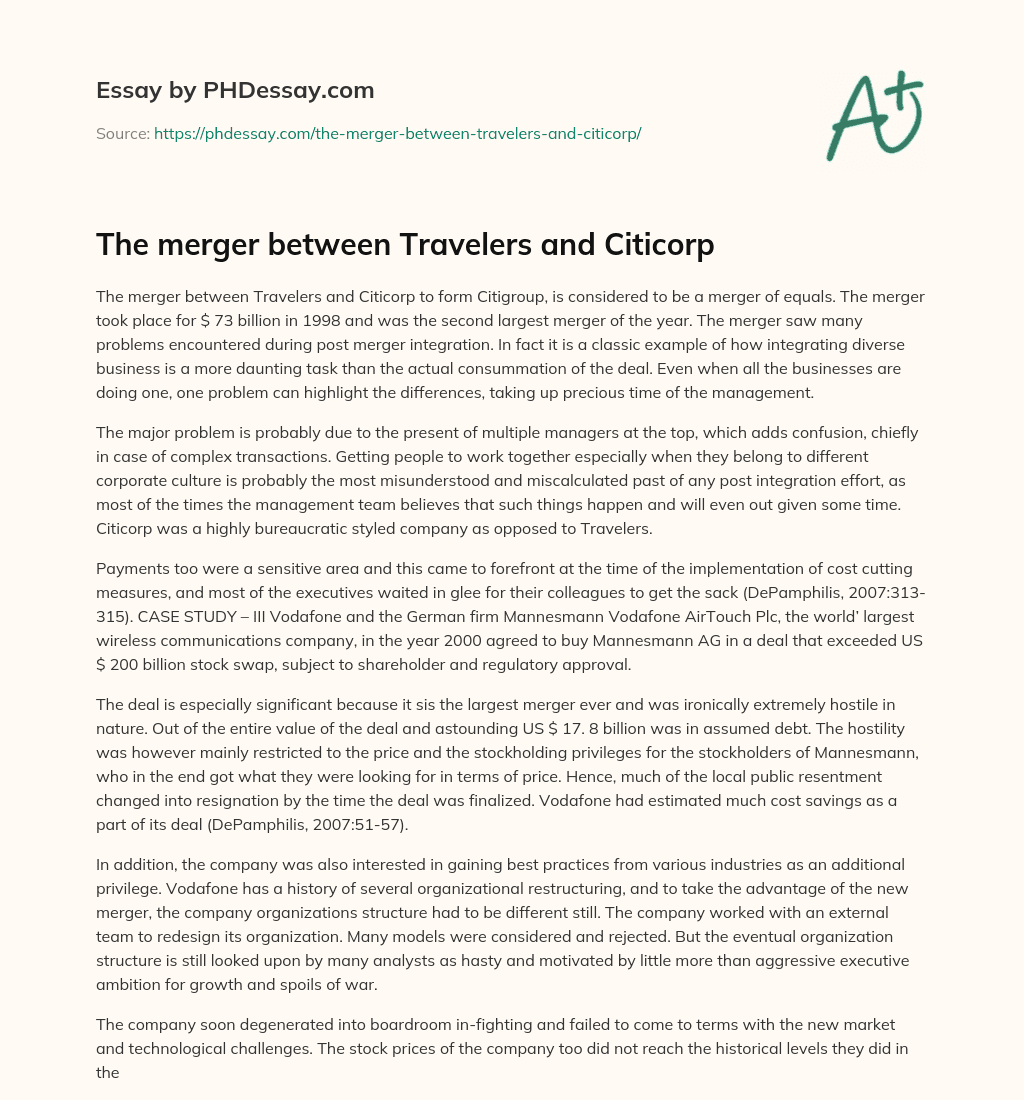 The merger between Travelers and Citicorp essay