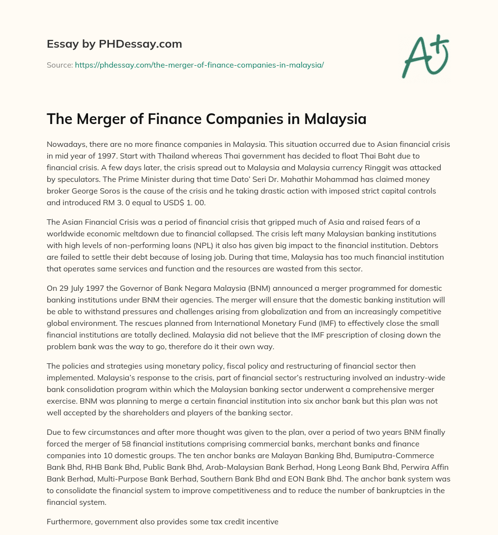 The Merger of Finance Companies in Malaysia essay