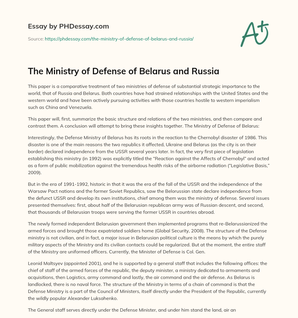 The Ministry of Defense of Belarus and Russia essay