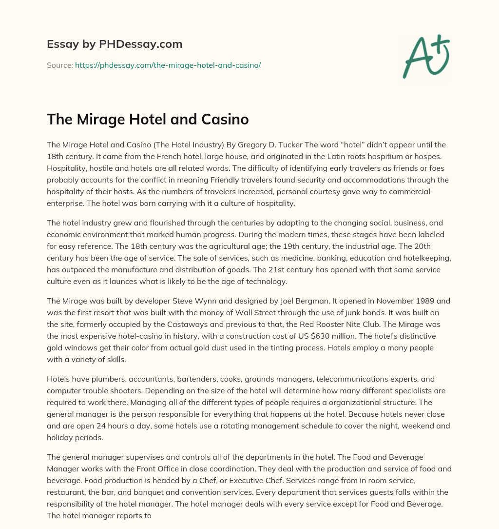 The Mirage Hotel and Casino essay