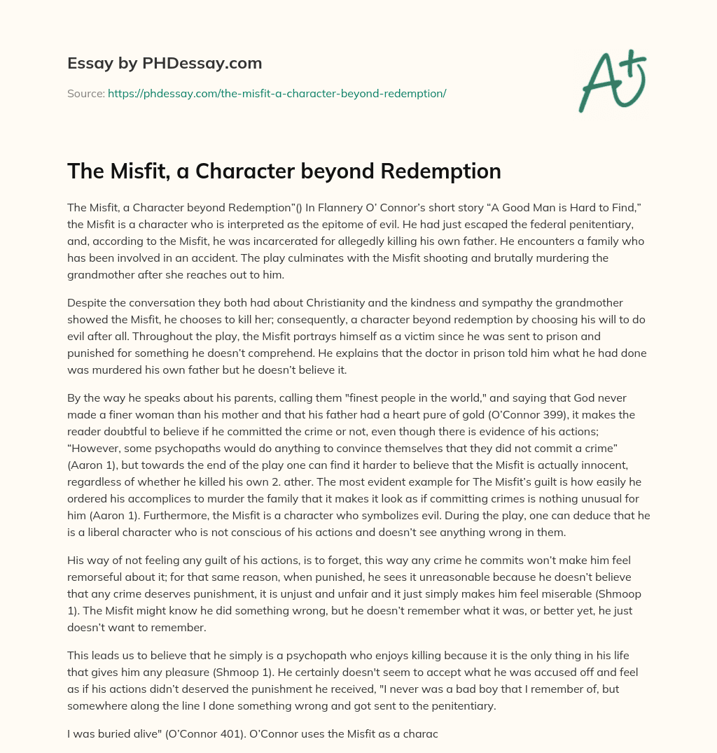 The Misfit, a Character beyond Redemption essay