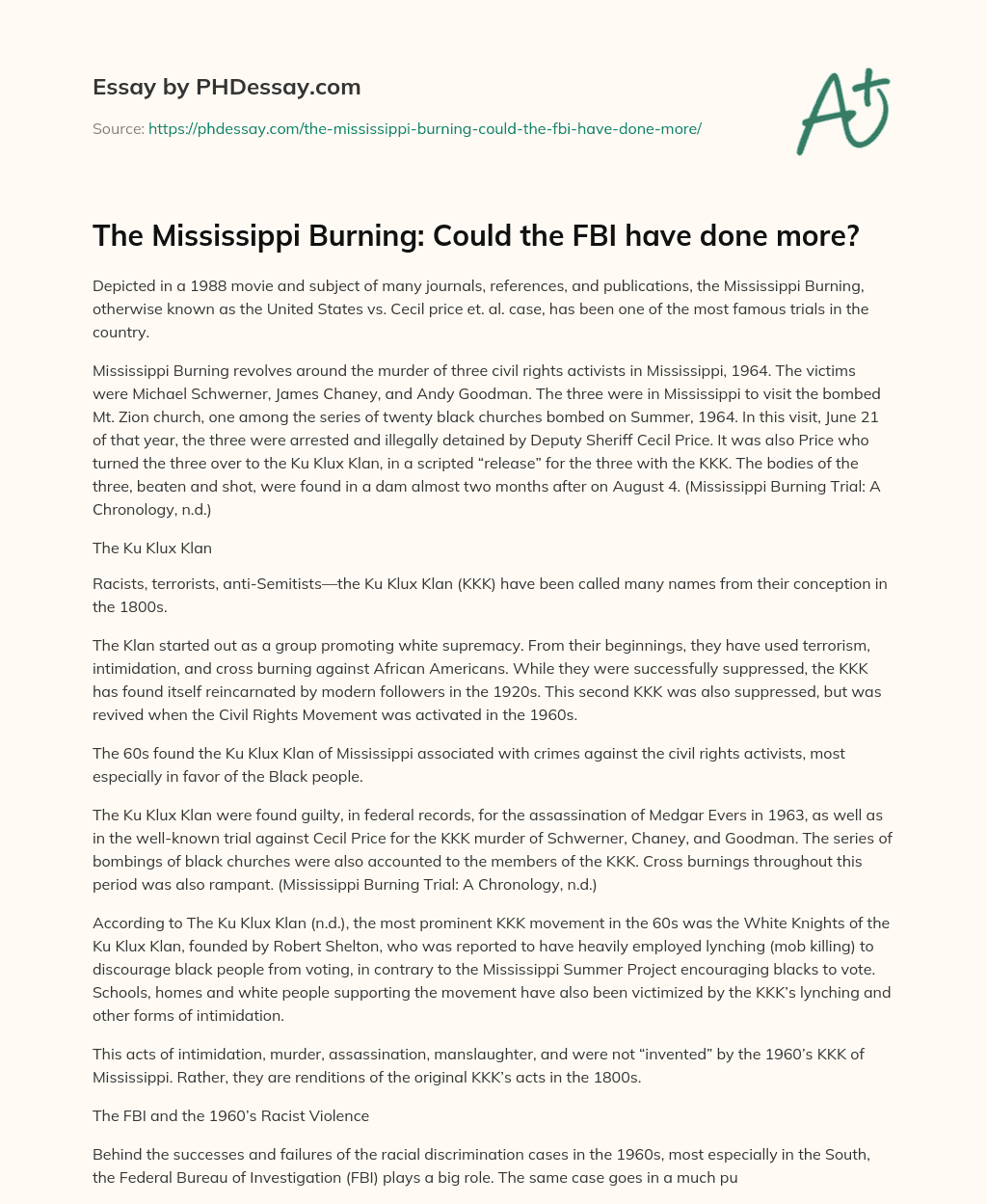 The Mississippi Burning: Could the FBI have done more? essay