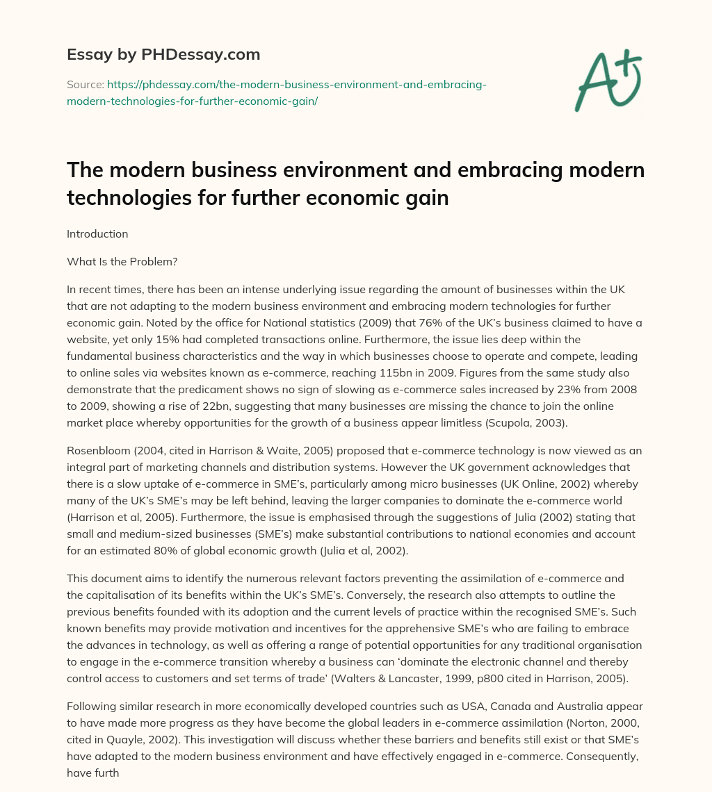 UK Businesses Struggle to Adapt to Modern Technologies, Missing Out on E-commerce Opportunities essay