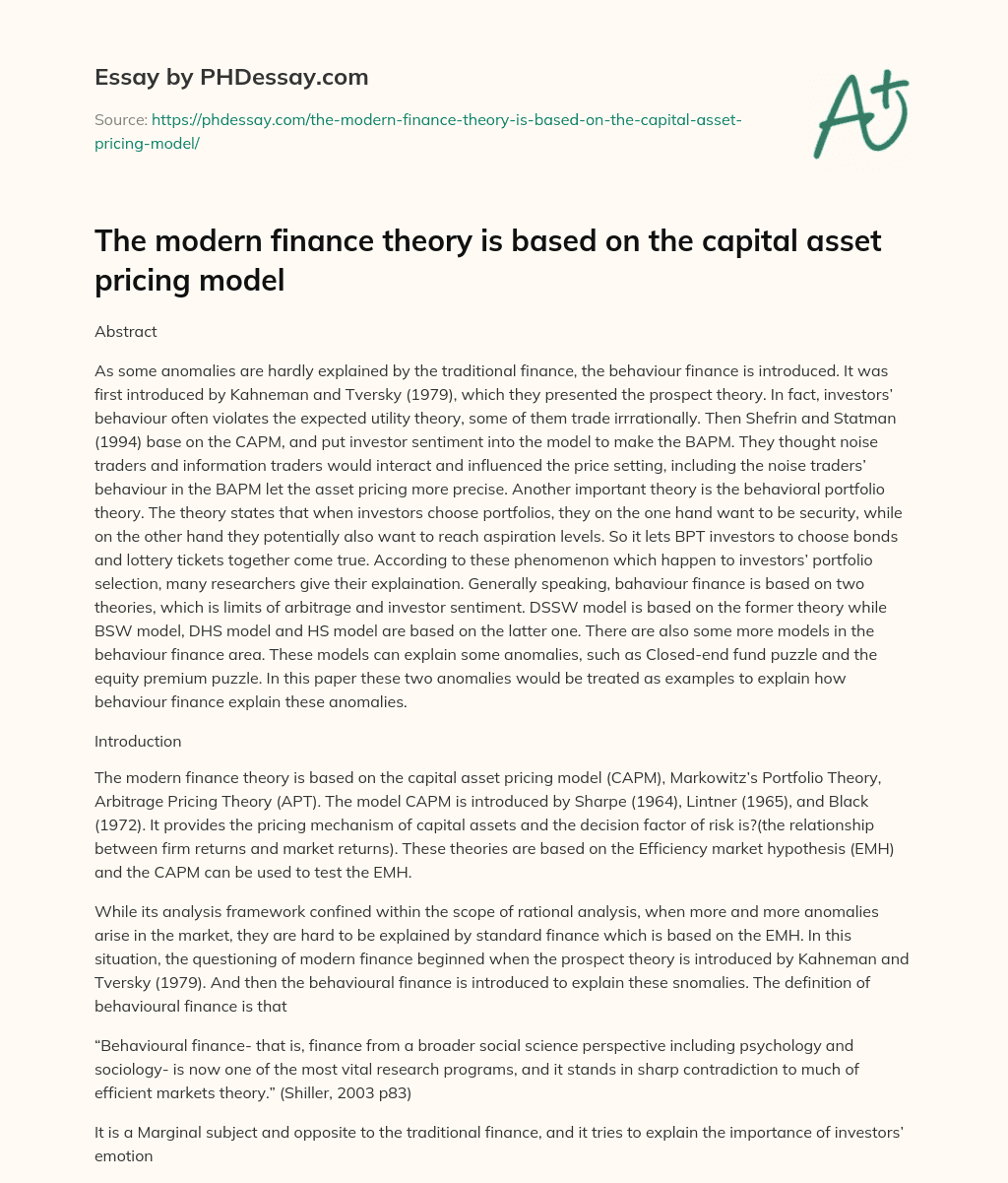 The modern finance theory is based on the capital asset pricing model essay