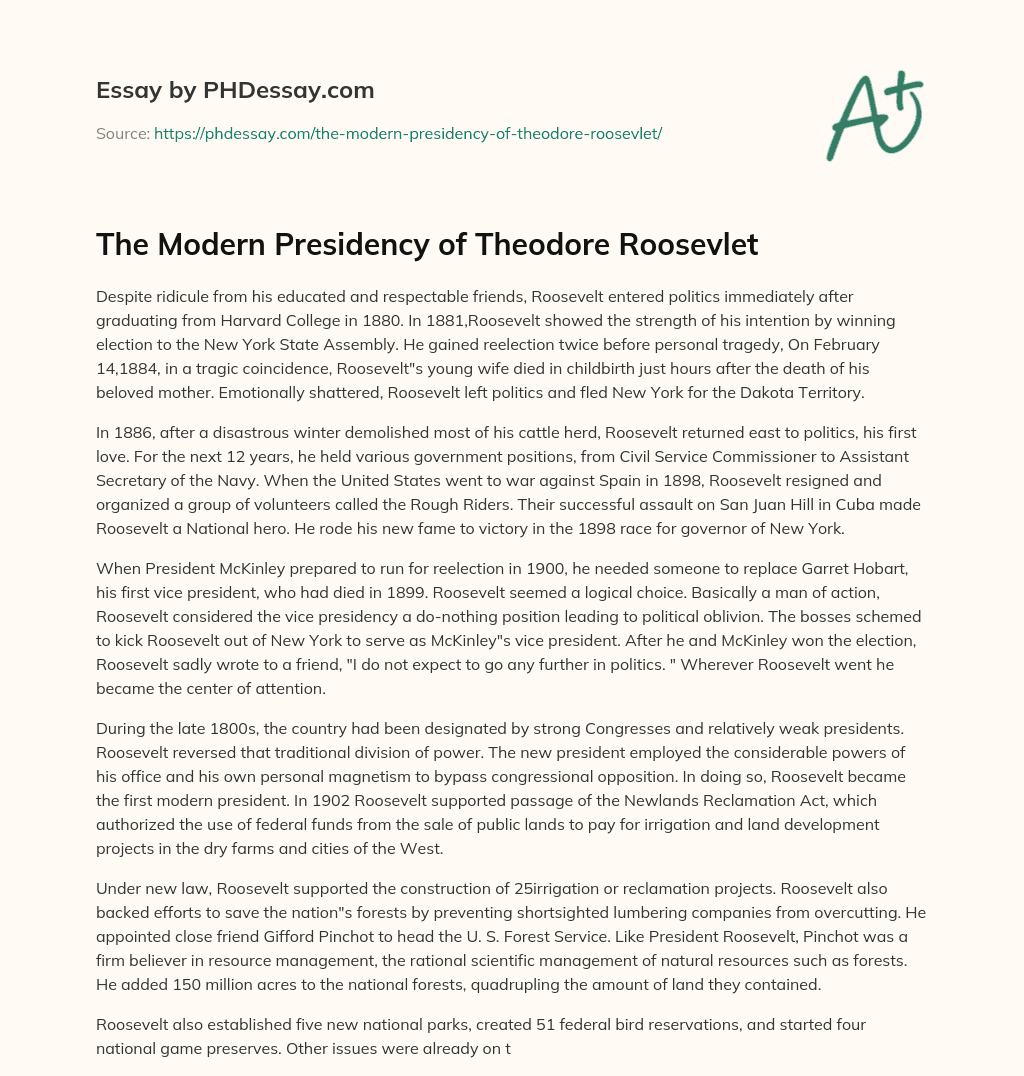 The Modern Presidency of Theodore Roosevlet essay