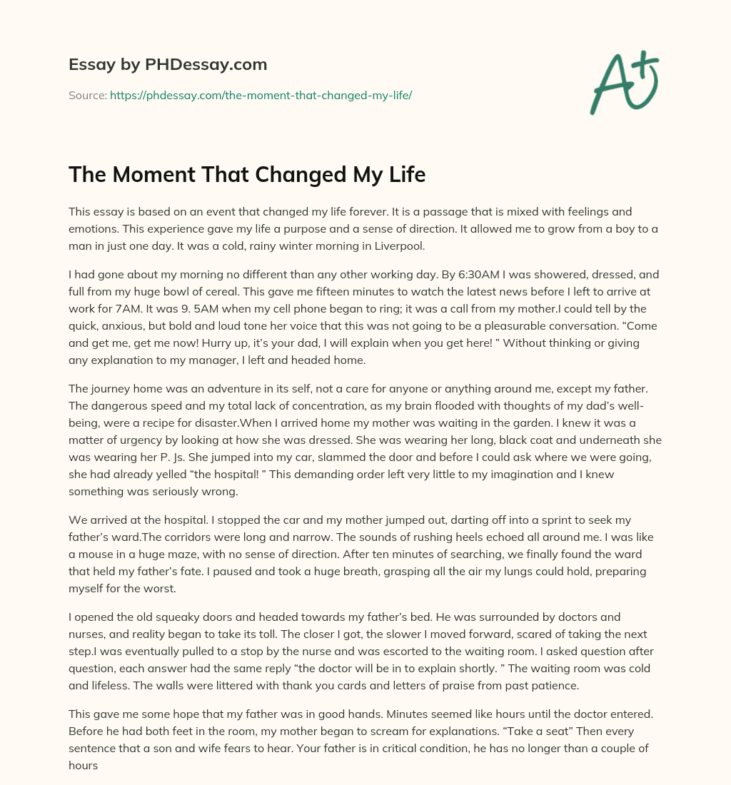 The Moment That Changed My Life Essay Example PHDessay