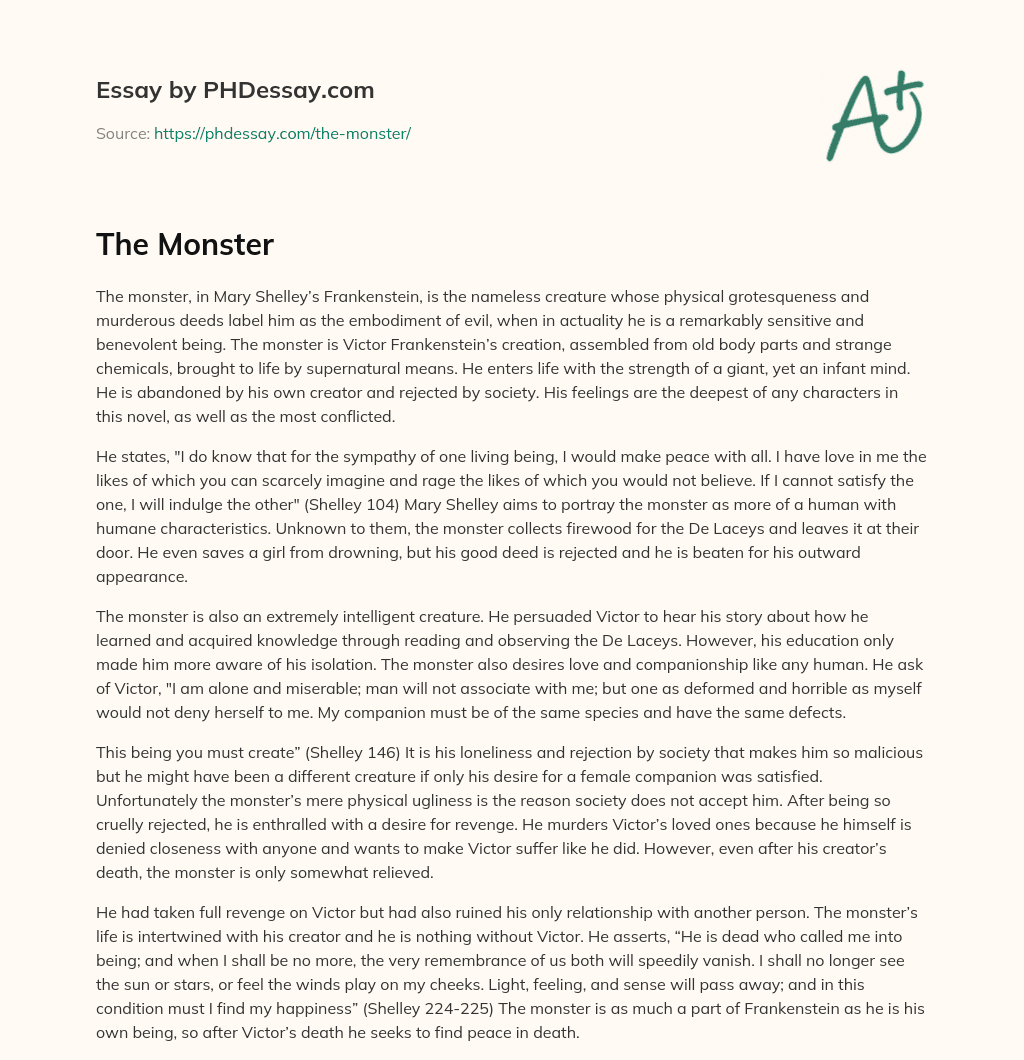 Frankenstein’s Monster: A Sensitive Being Misunderstood by Society essay
