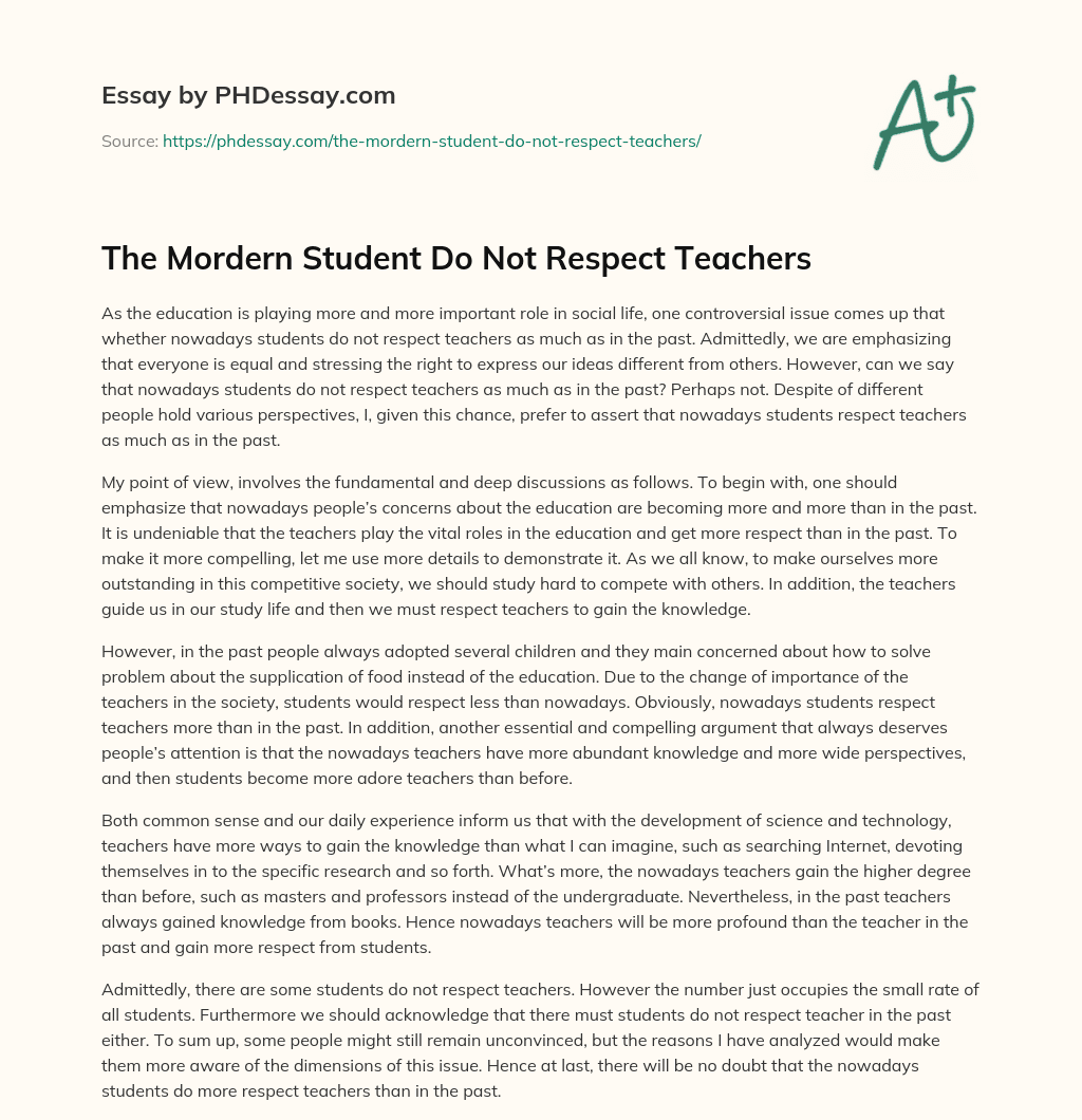 The Mordern Student Do Not Respect Teachers essay