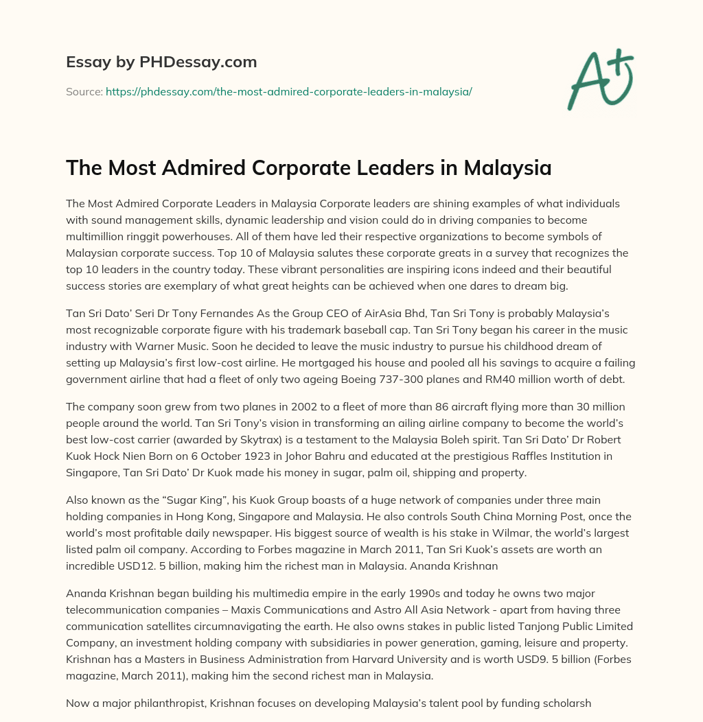 The Most Admired Corporate Leaders in Malaysia essay