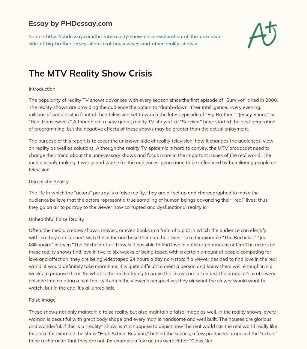 The MTV Reality Show Crisis essay