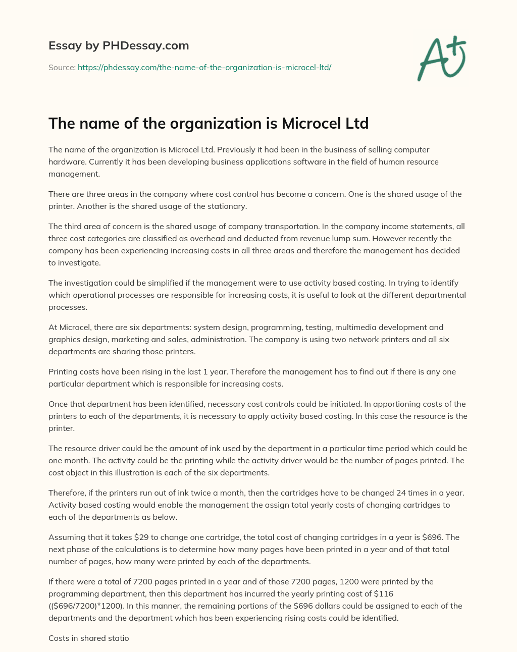 The name of the organization is Microcel Ltd essay