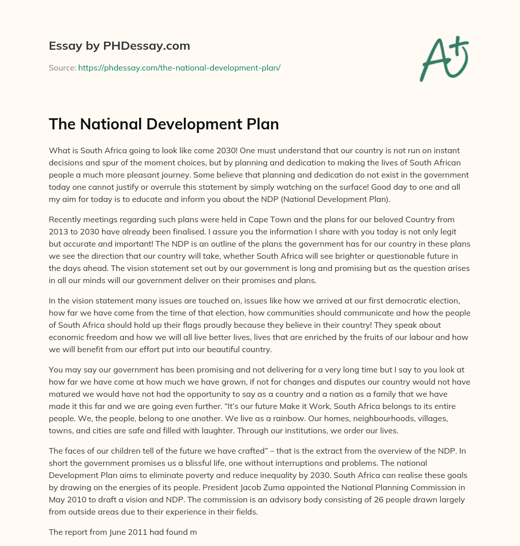 The National Development Plan essay