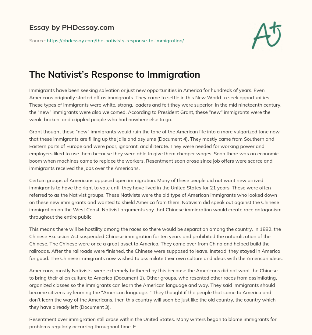 The Nativist’s Response to Immigration essay