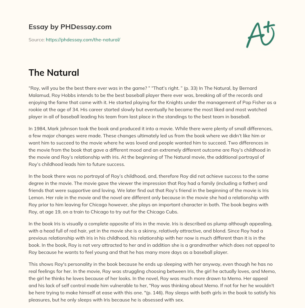 Differences between the book and movie adaptations of The Natural essay