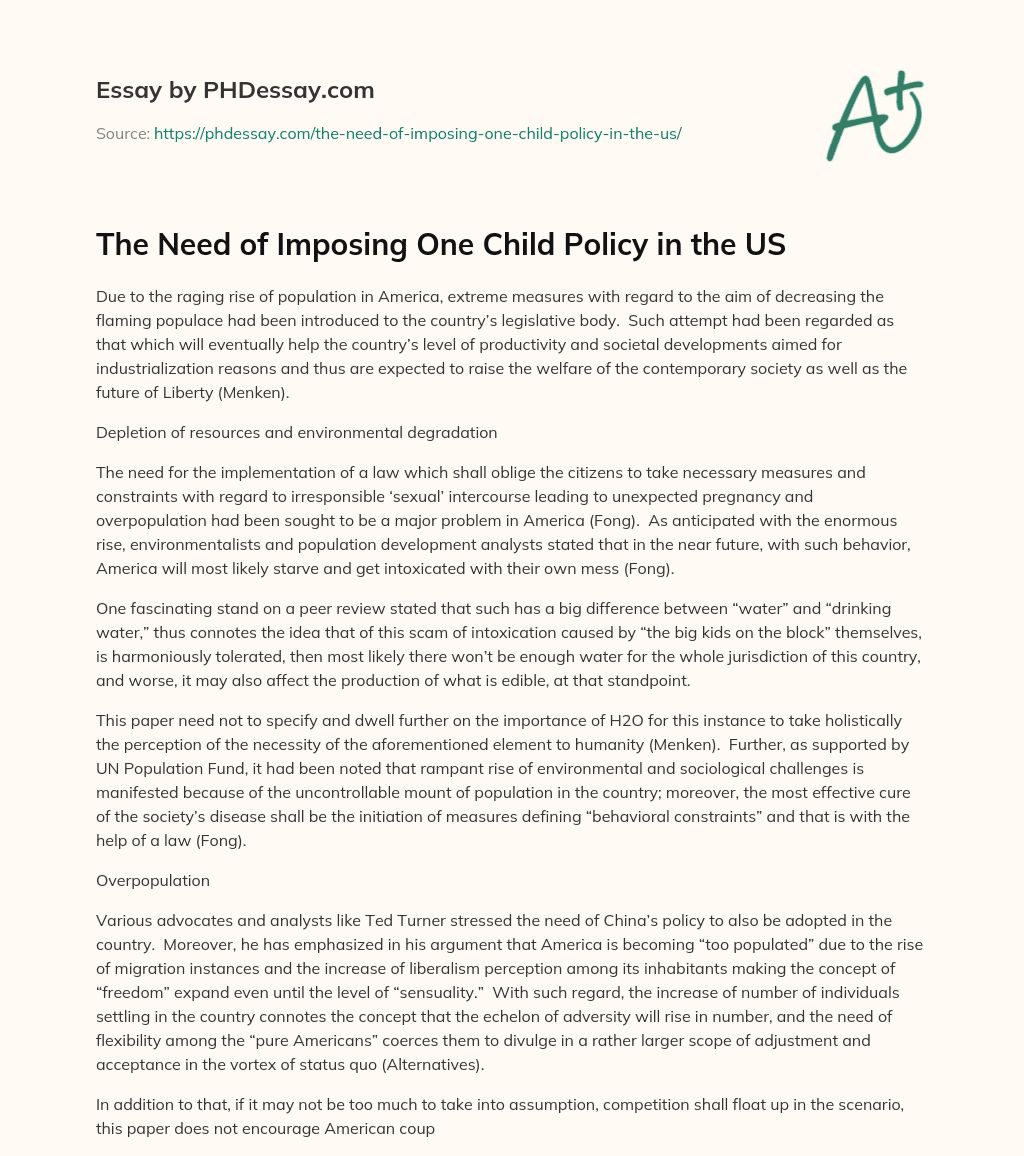 The Need of Imposing One Child Policy in the US essay