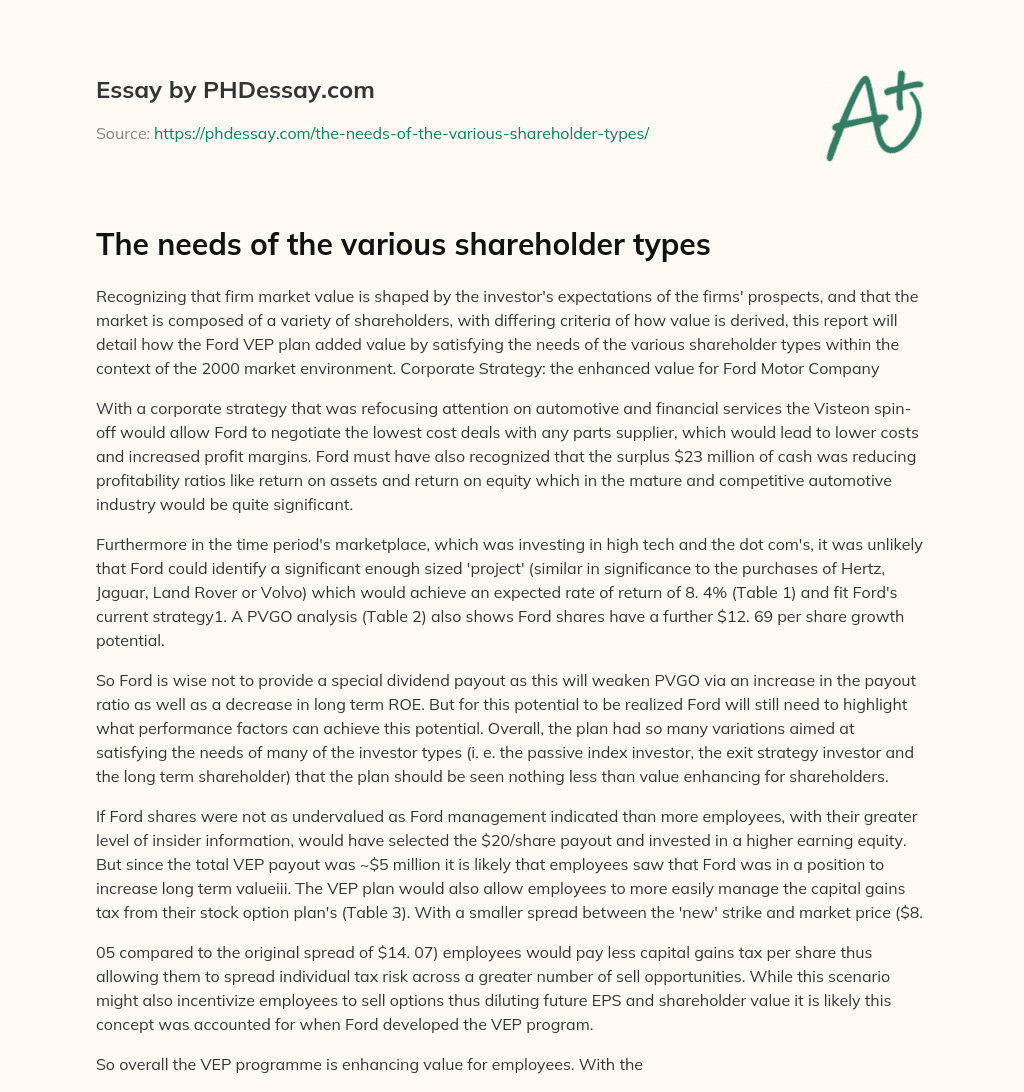 The needs of the various shareholder types essay