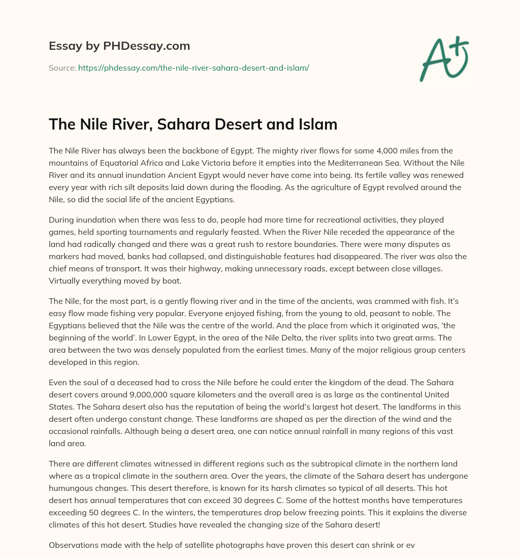 The Nile River, Sahara Desert and Islam essay