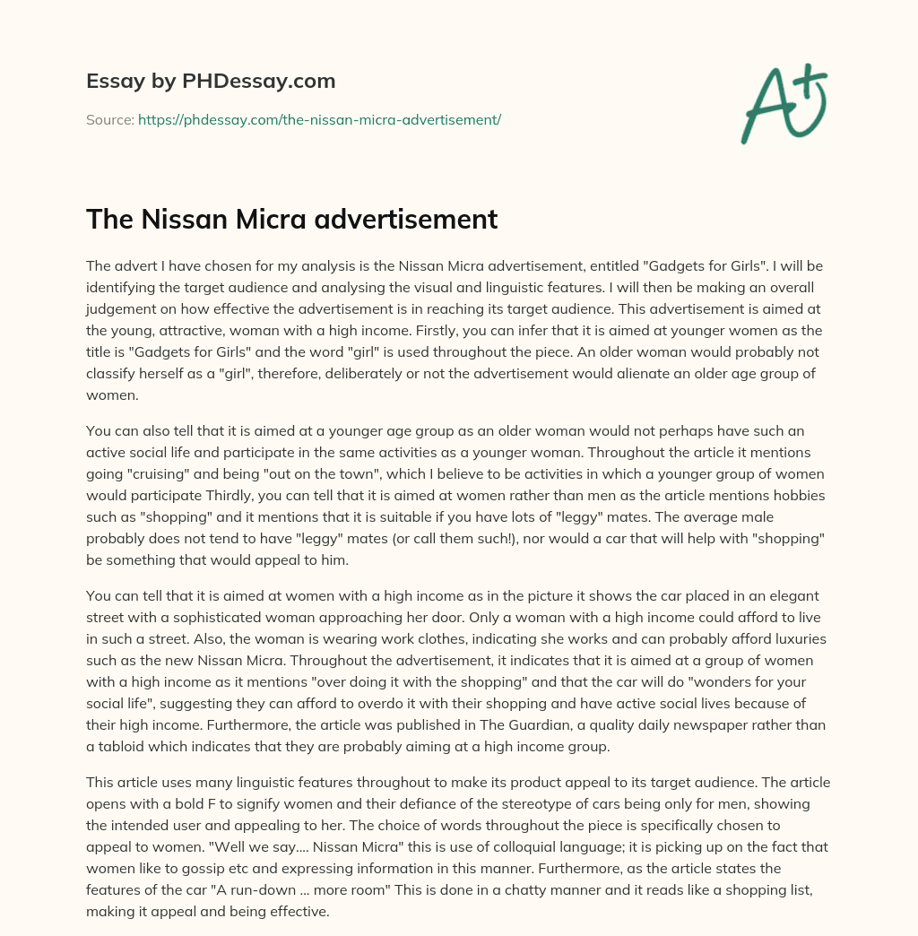 The Nissan Micra advertisement essay