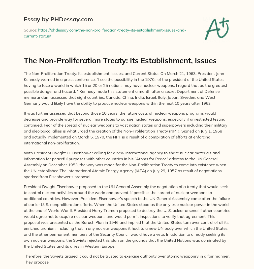 The Non-Proliferation Treaty: Its Establishment, Issues essay