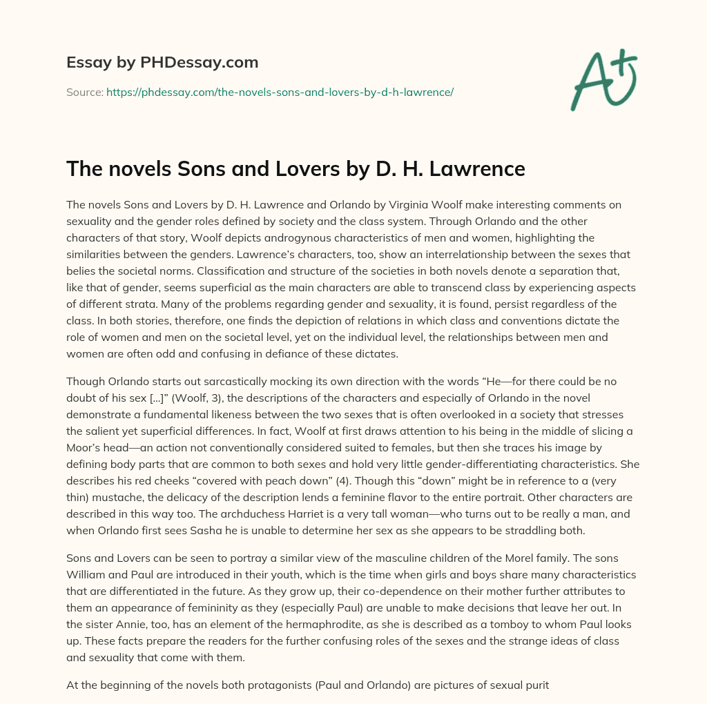 The novels Sons and Lovers by D. H. Lawrence essay