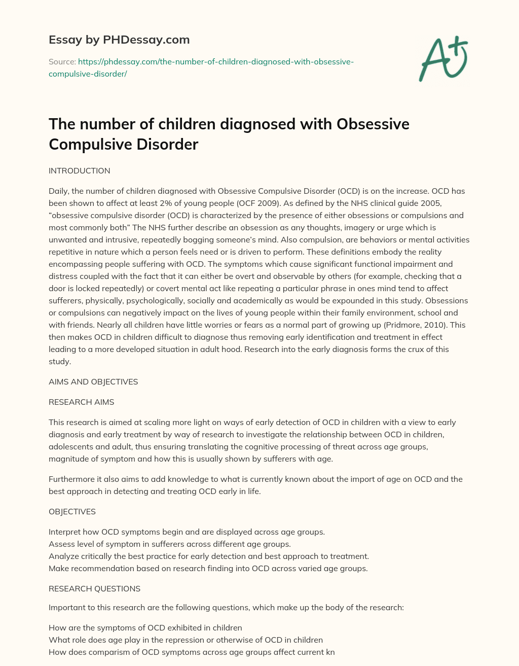 The number of children diagnosed with Obsessive Compulsive Disorder essay