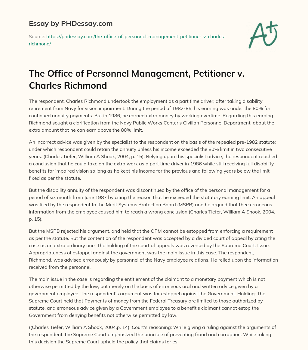 The Office of Personnel Management, Petitioner v. Charles Richmond essay