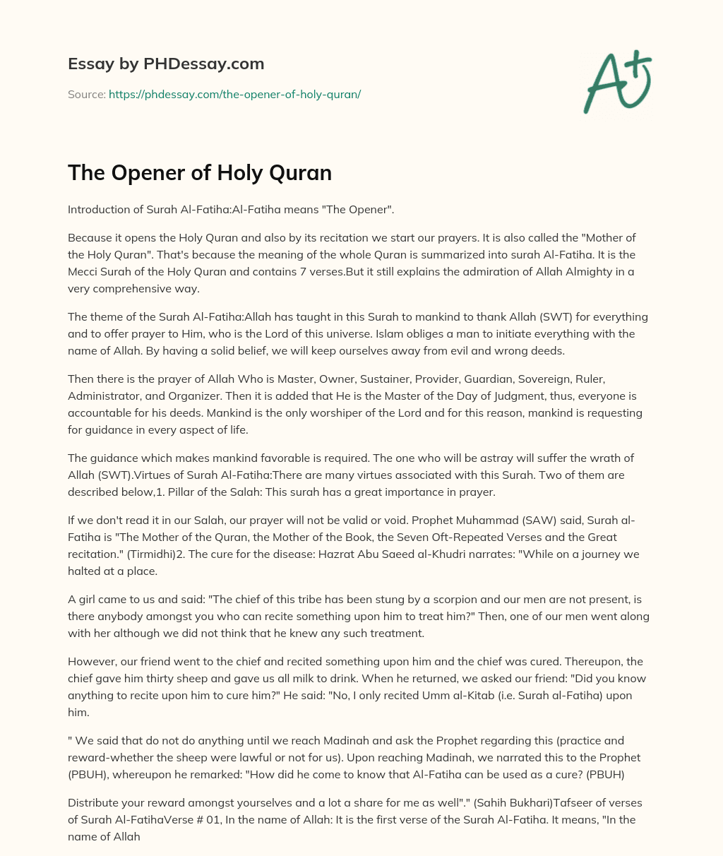 The Opener of Holy Quran essay