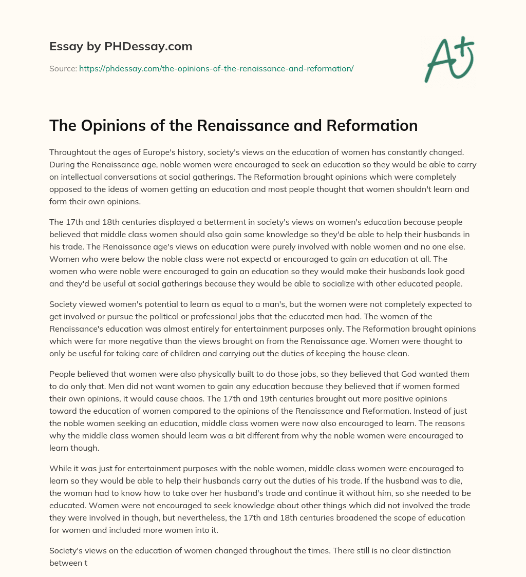 The Opinions of the Renaissance and Reformation essay