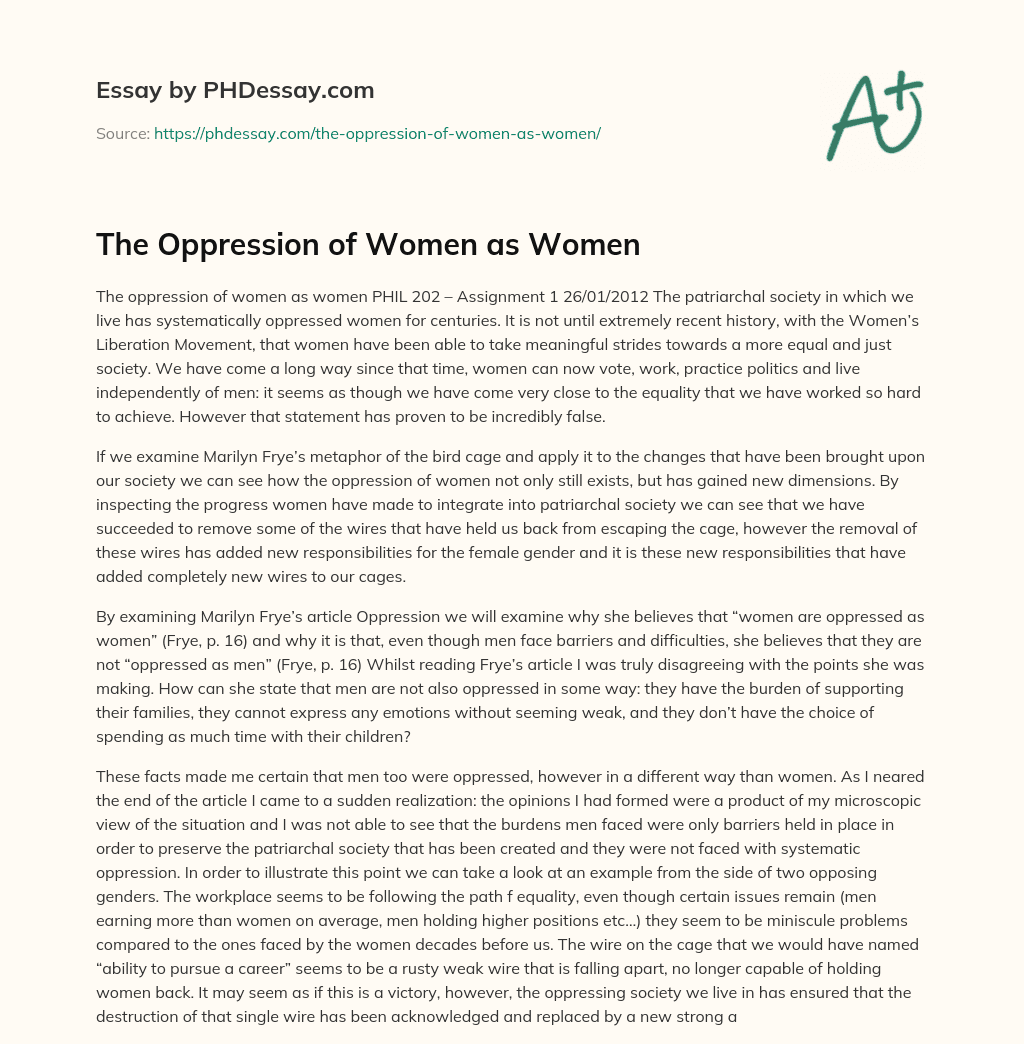 The Oppression of Women as Women essay