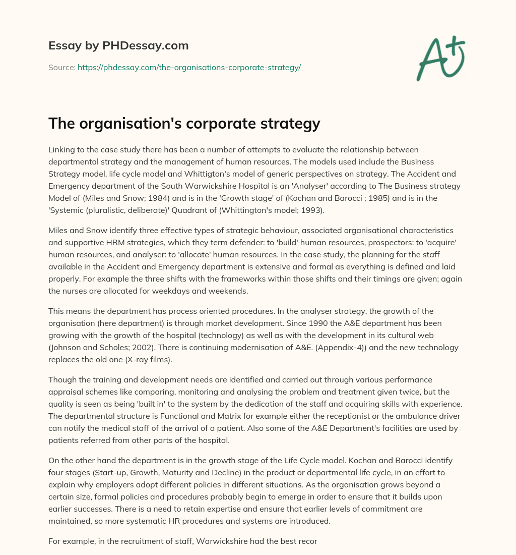 The organisation’s corporate strategy essay