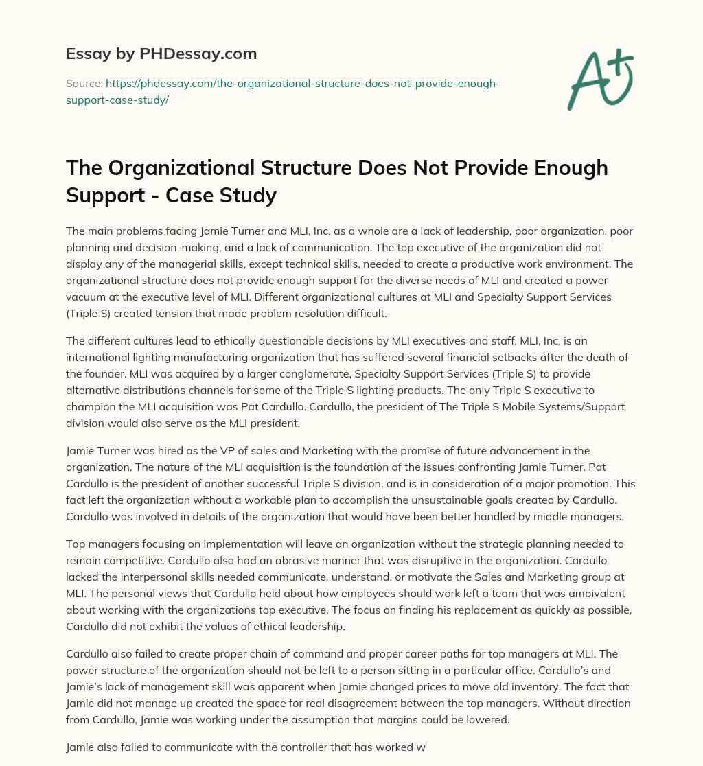 The Organizational Structure Does Not Provide Enough Support – Case Study essay