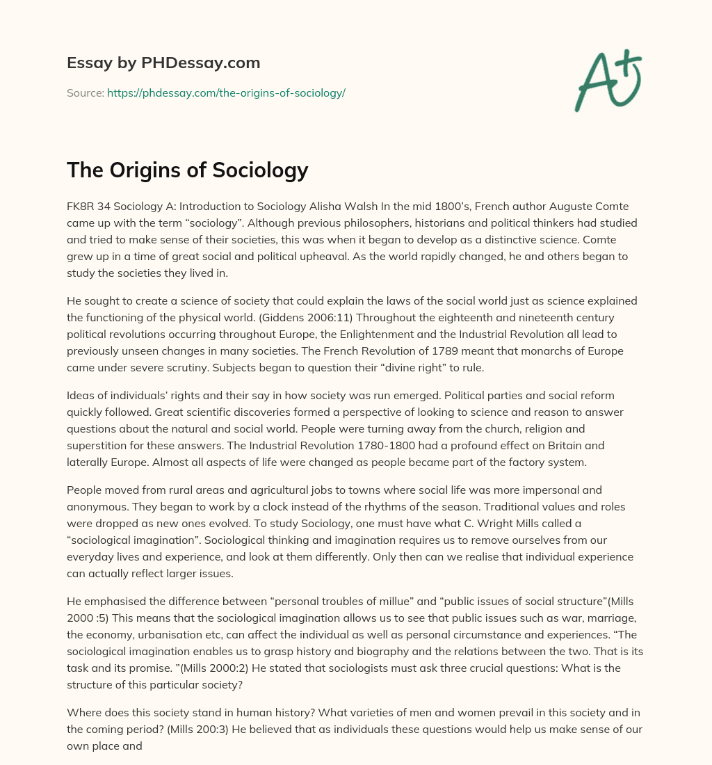 The Origins of Sociology essay