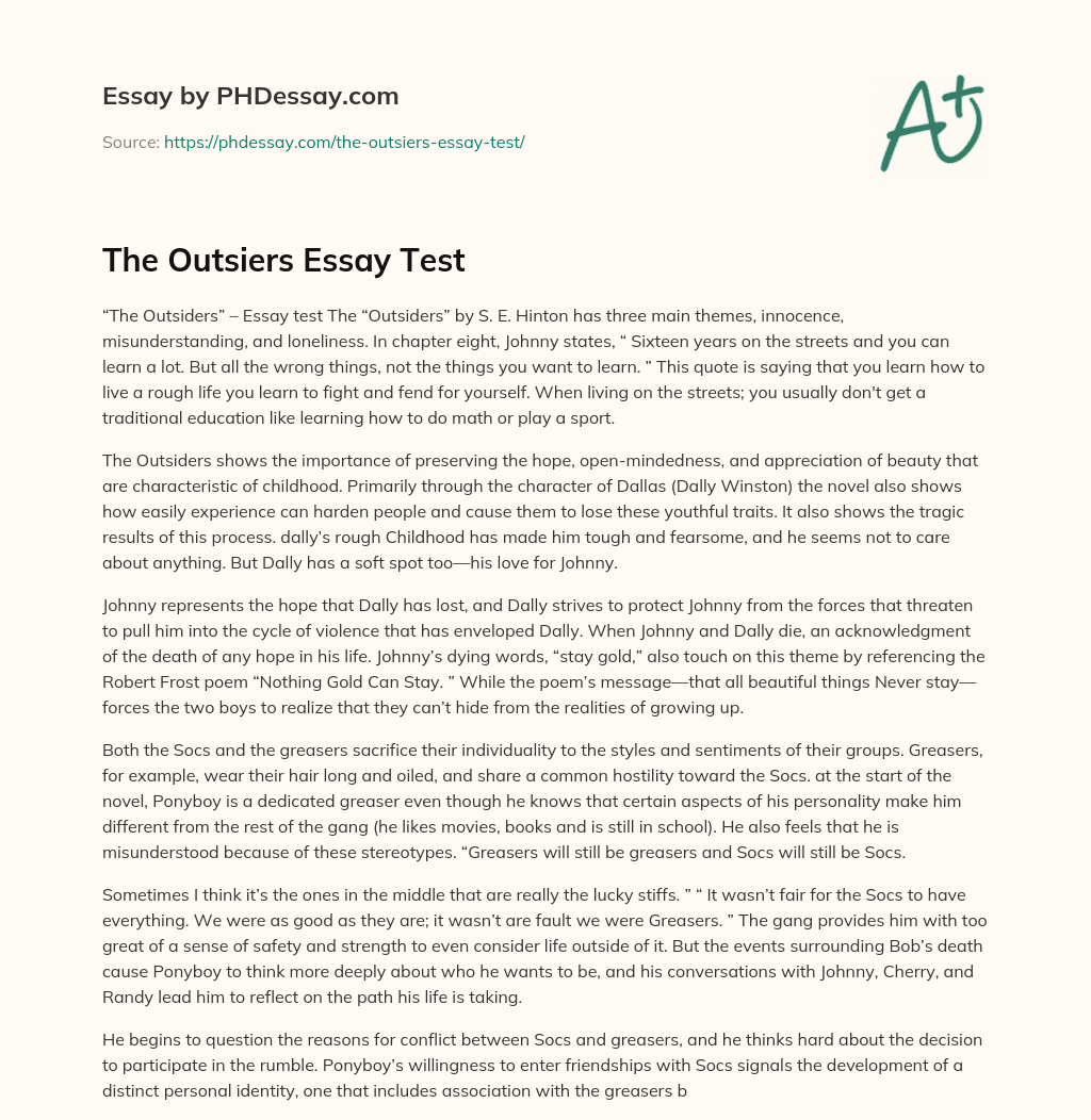 The Outsiers Essay Test essay