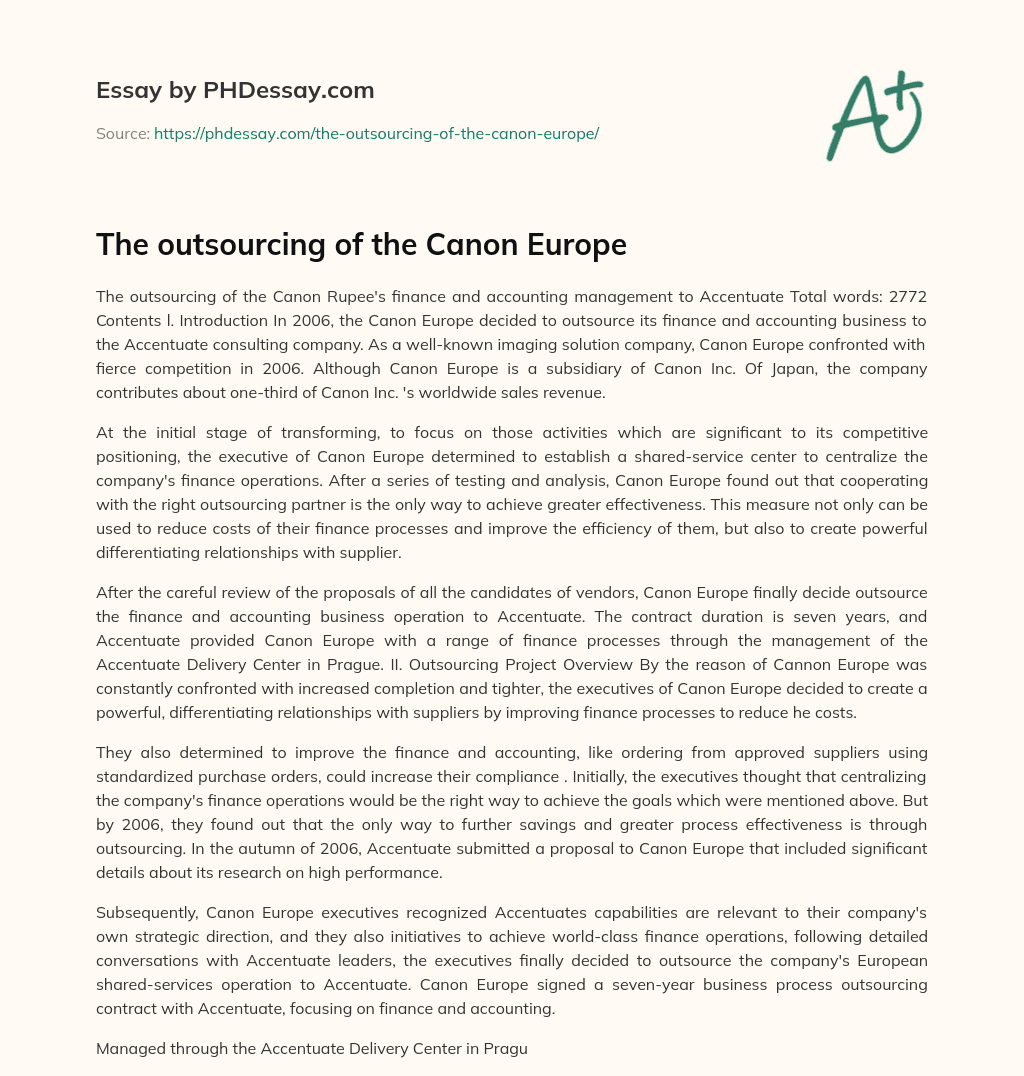 The outsourcing of the Canon Europe essay