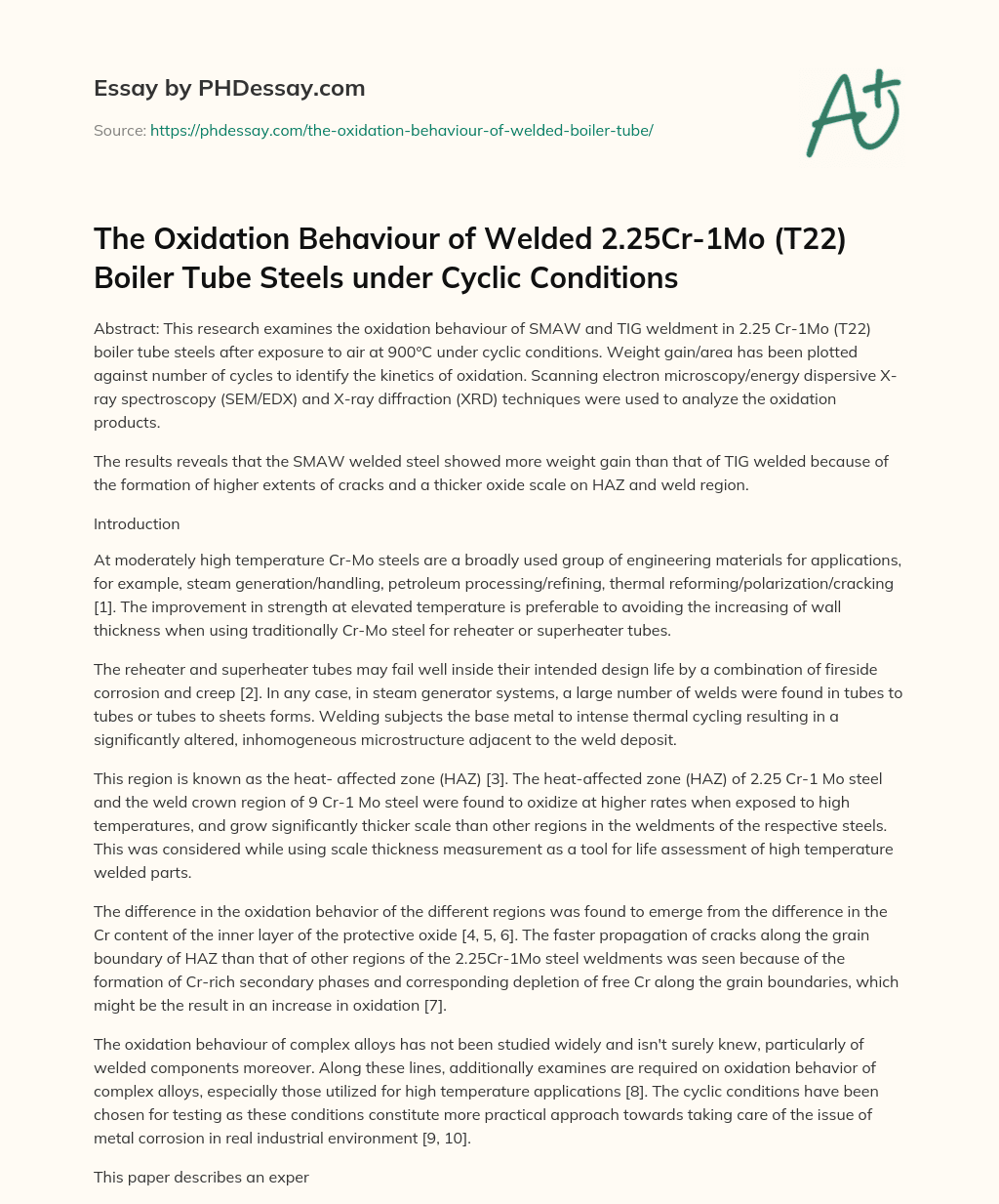 The Oxidation Behaviour of Welded 2.25Cr-1Mo (T22) Boiler Tube Steels under Cyclic Conditions essay