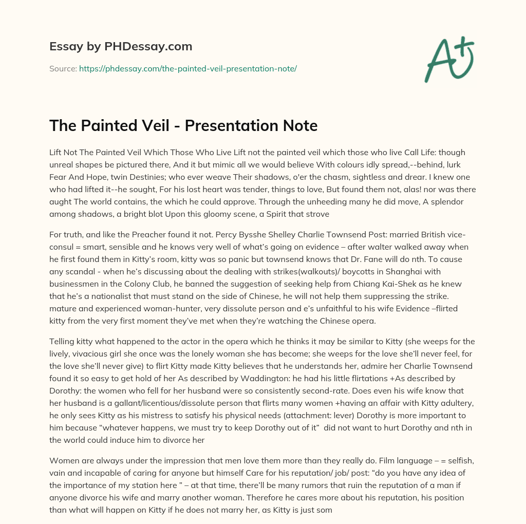 The Painted Veil – Presentation Note essay