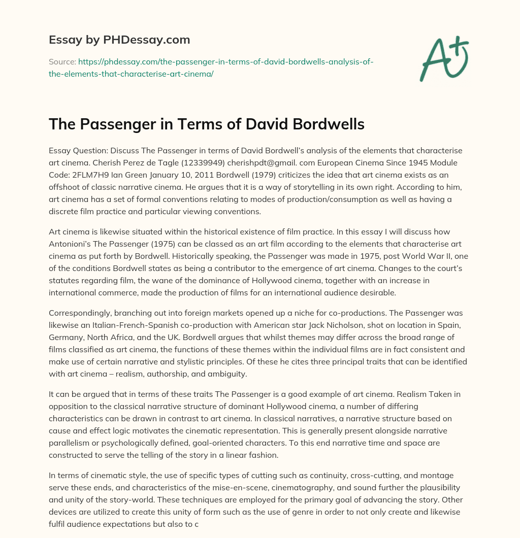 The Passenger in Terms of David Bordwells essay