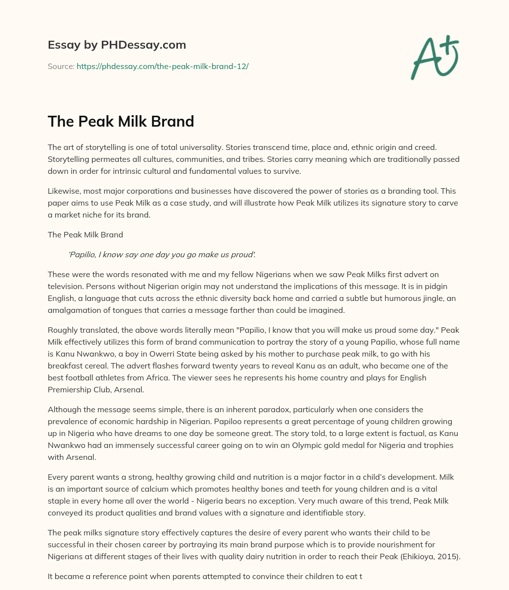 The Peak Milk Brand essay