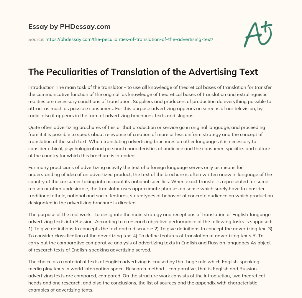 The Peculiarities of Translation of the Advertising Text essay