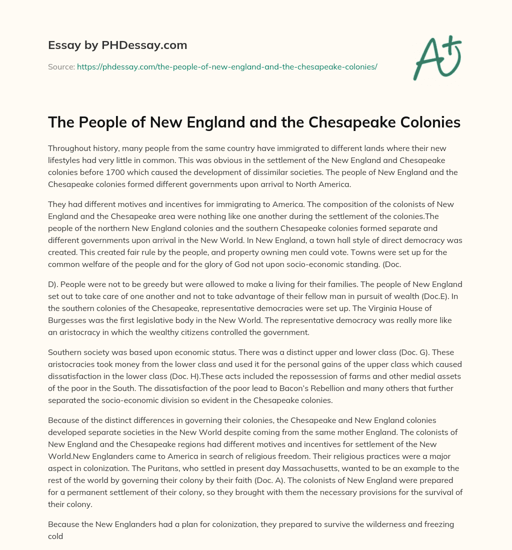 The People of New England and the Chesapeake Colonies essay