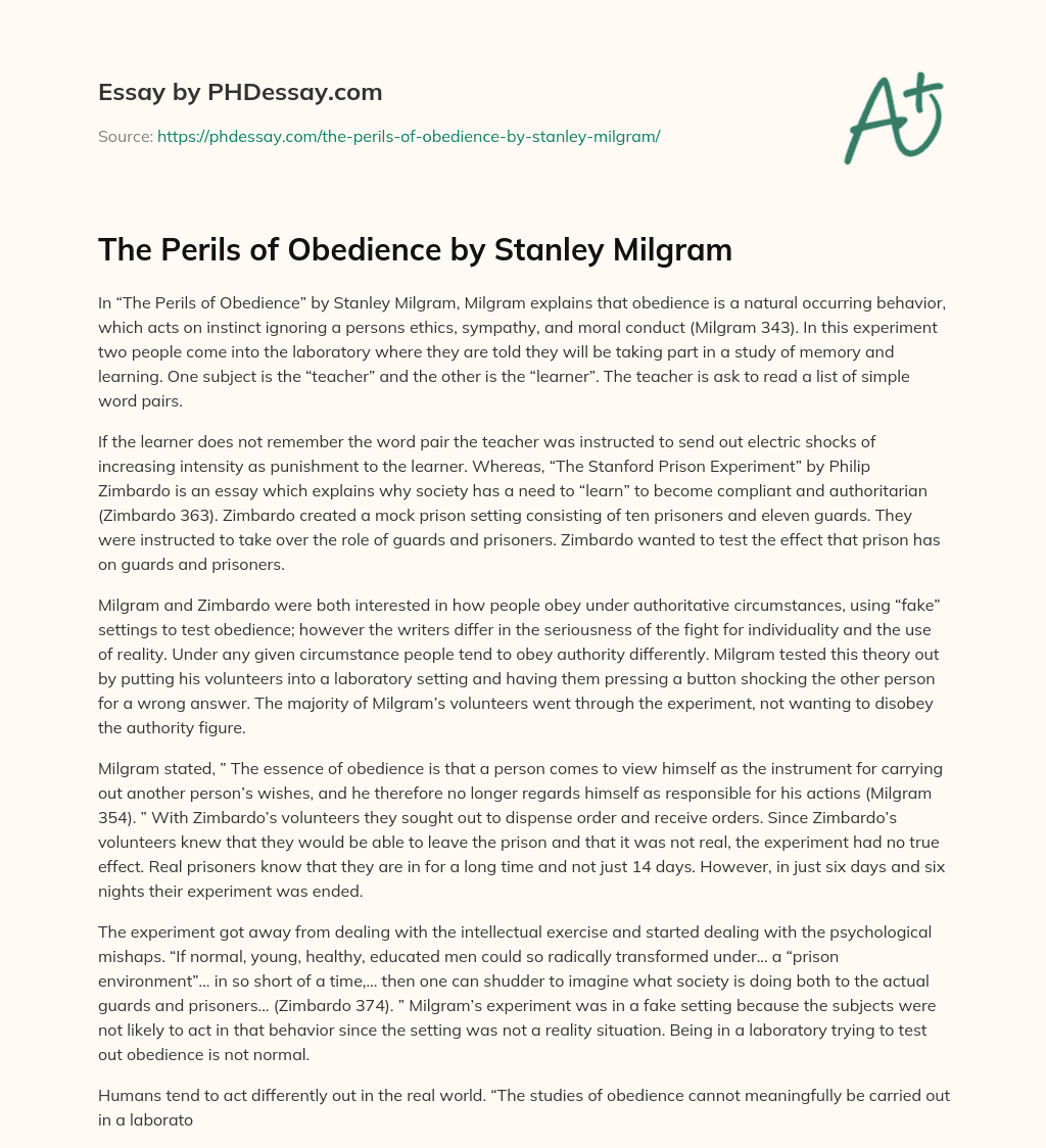 The Perils of Obedience by Stanley Milgram essay