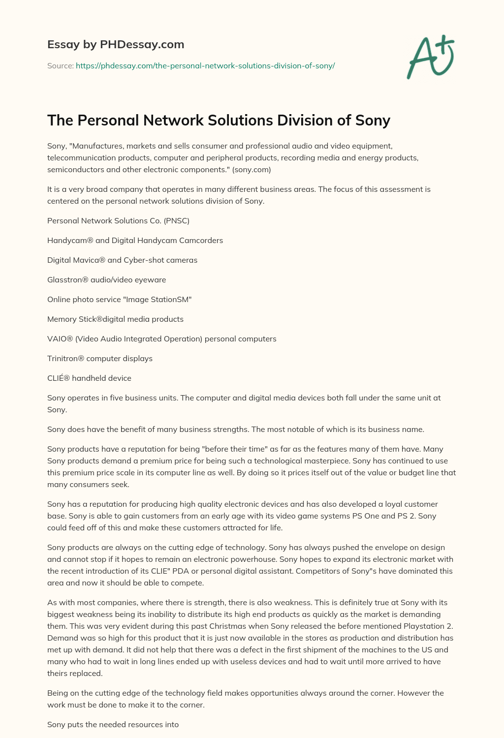 The Personal Network Solutions Division of Sony essay