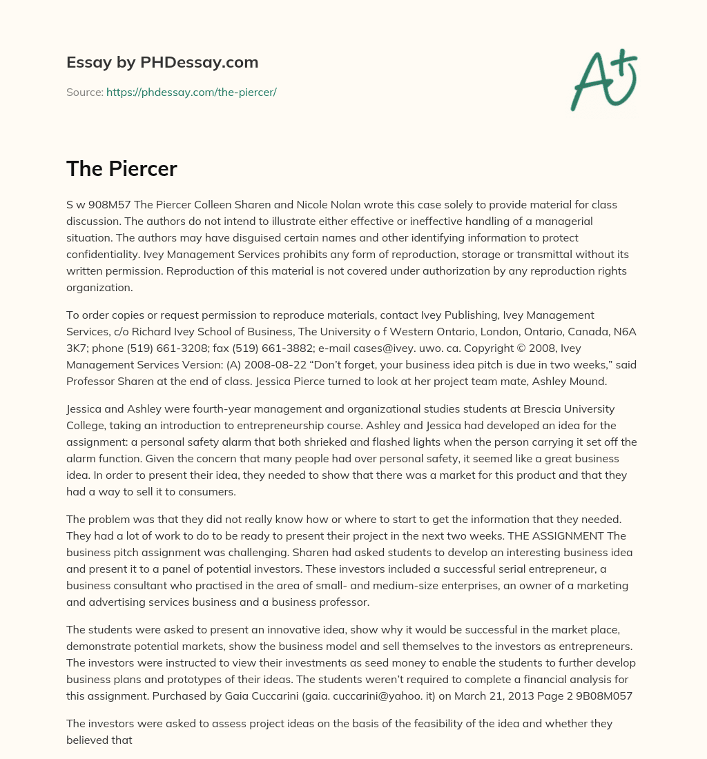 Case study disclaimer and introduction to The Piercer essay