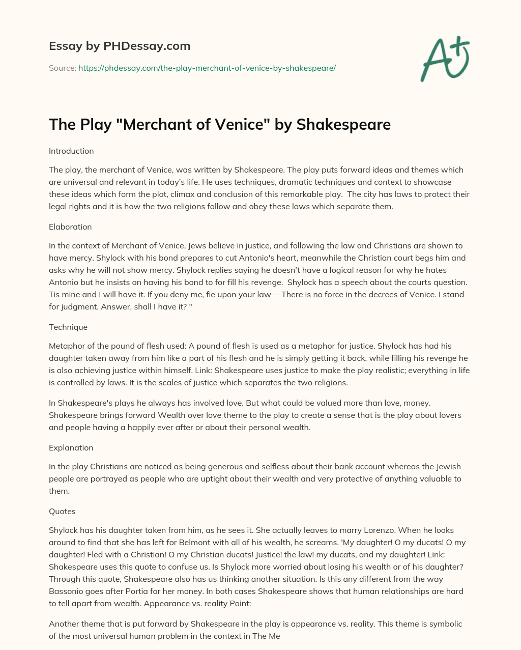The Play “Merchant of Venice” by Shakespeare essay