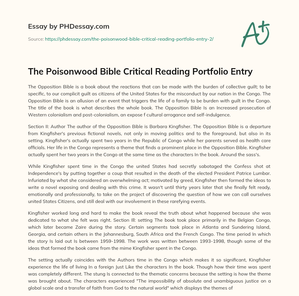 The Poisonwood Bible Critical Reading Portfolio Entry essay