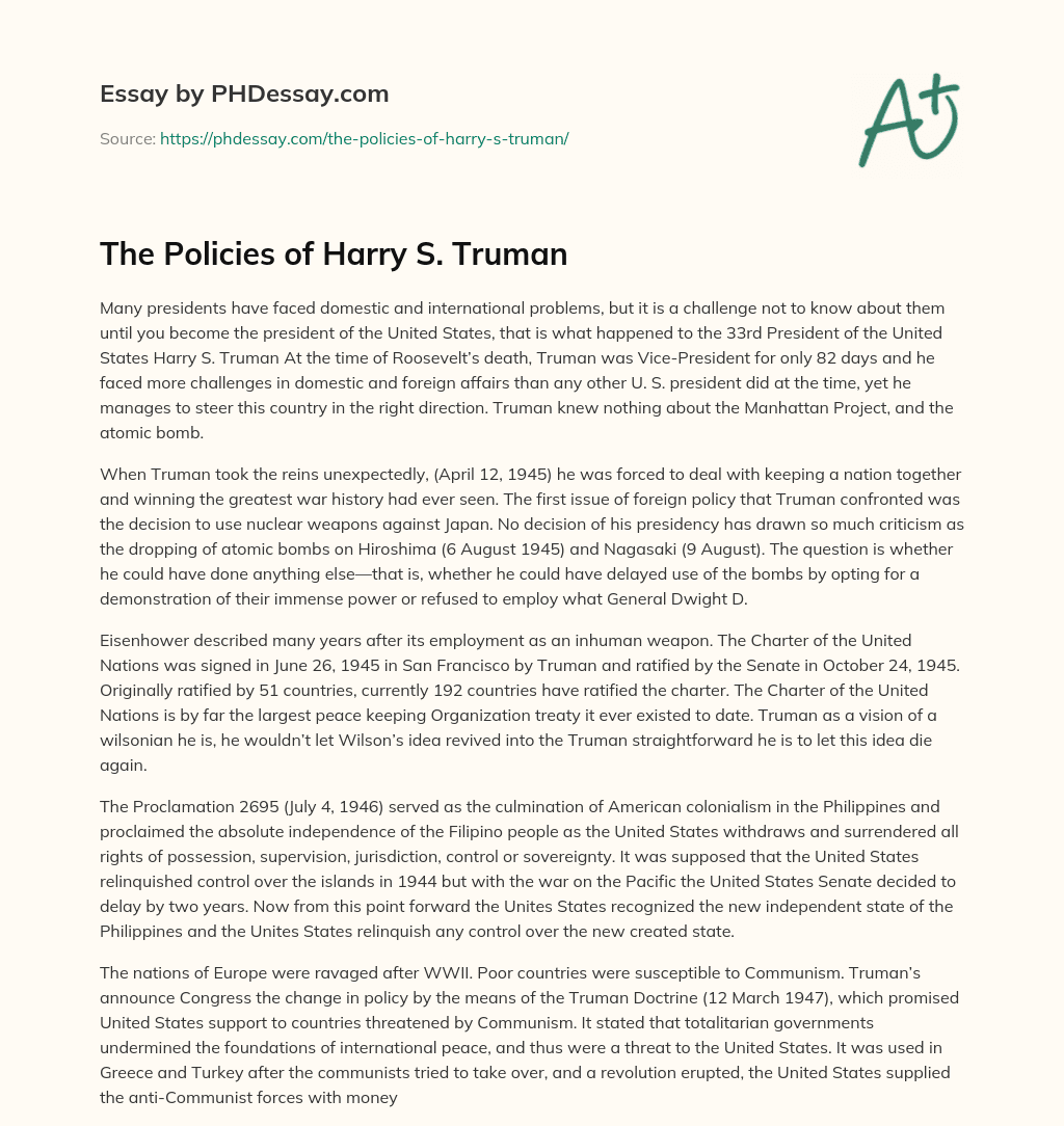 The Policies of Harry S. Truman essay